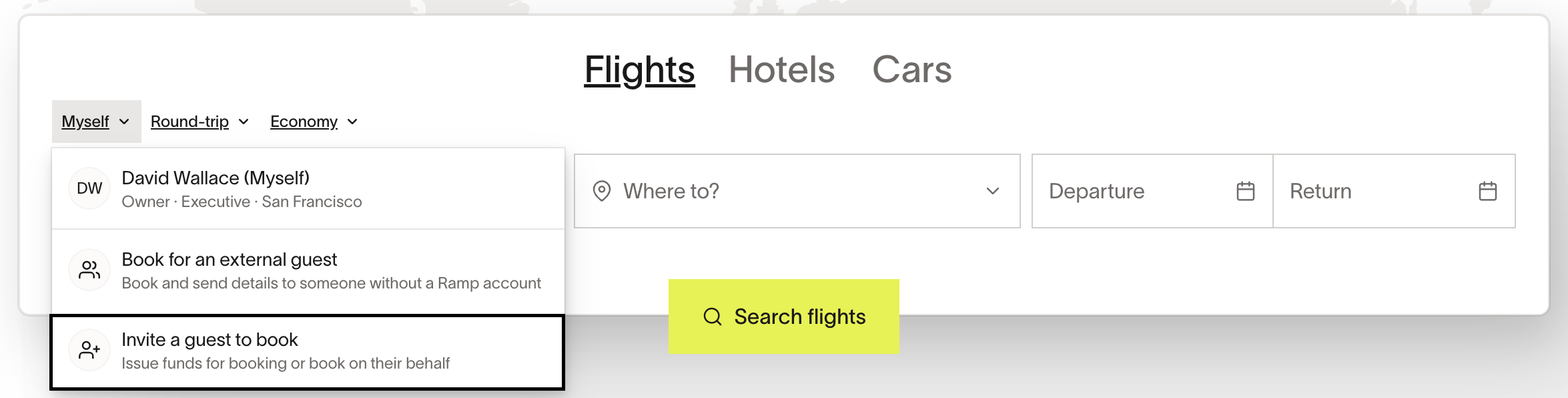 Flight booking section with options to book for oneself or invite a guest to book on their behalf.