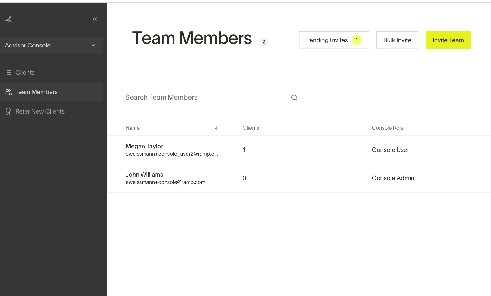 Advisor Console Team Members page with Pending Invites, Bulk Invite, and Invite Team buttons
