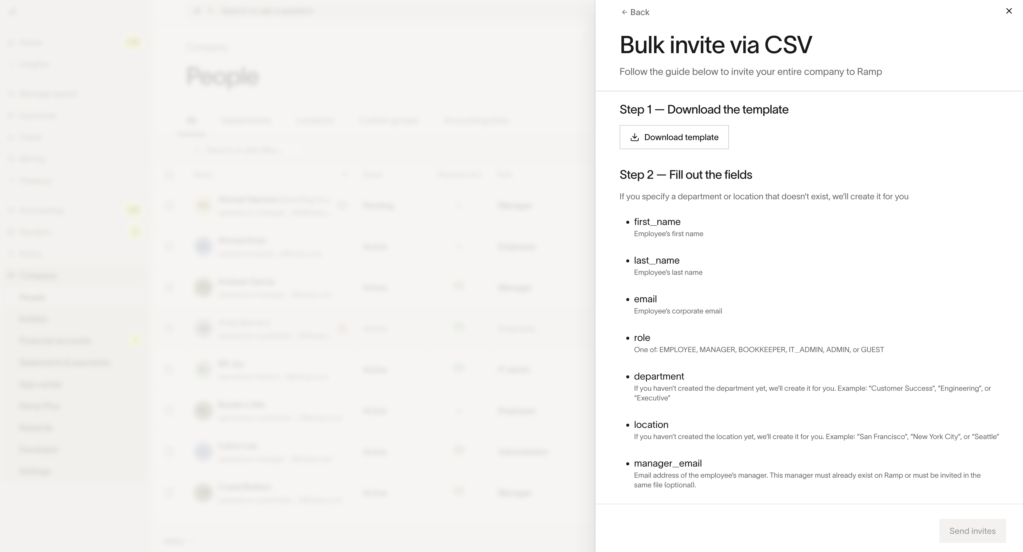 Bulk invite via CSV panel showing download template and required field instructions
