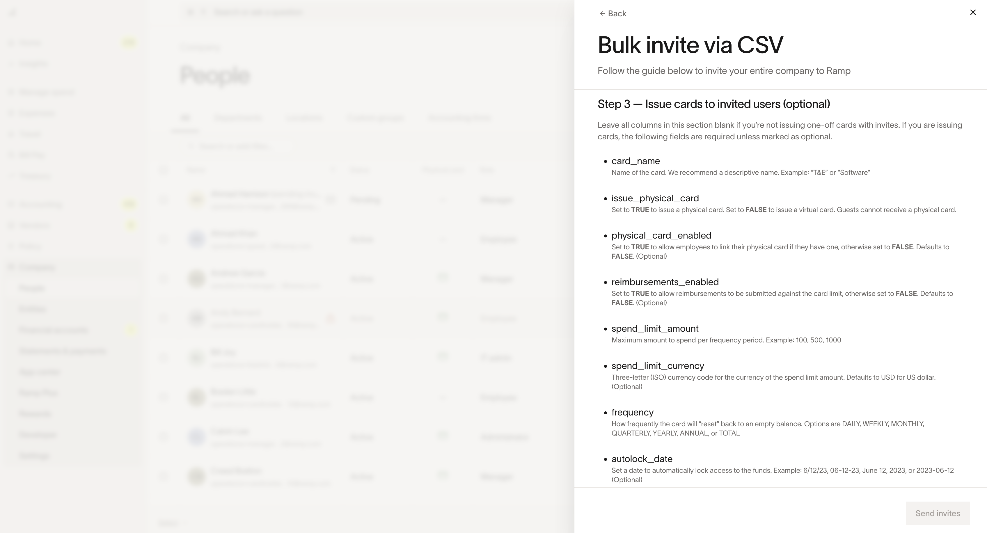 Bulk invite CSV card issuance fields including card name, Spend Limit, and frequency