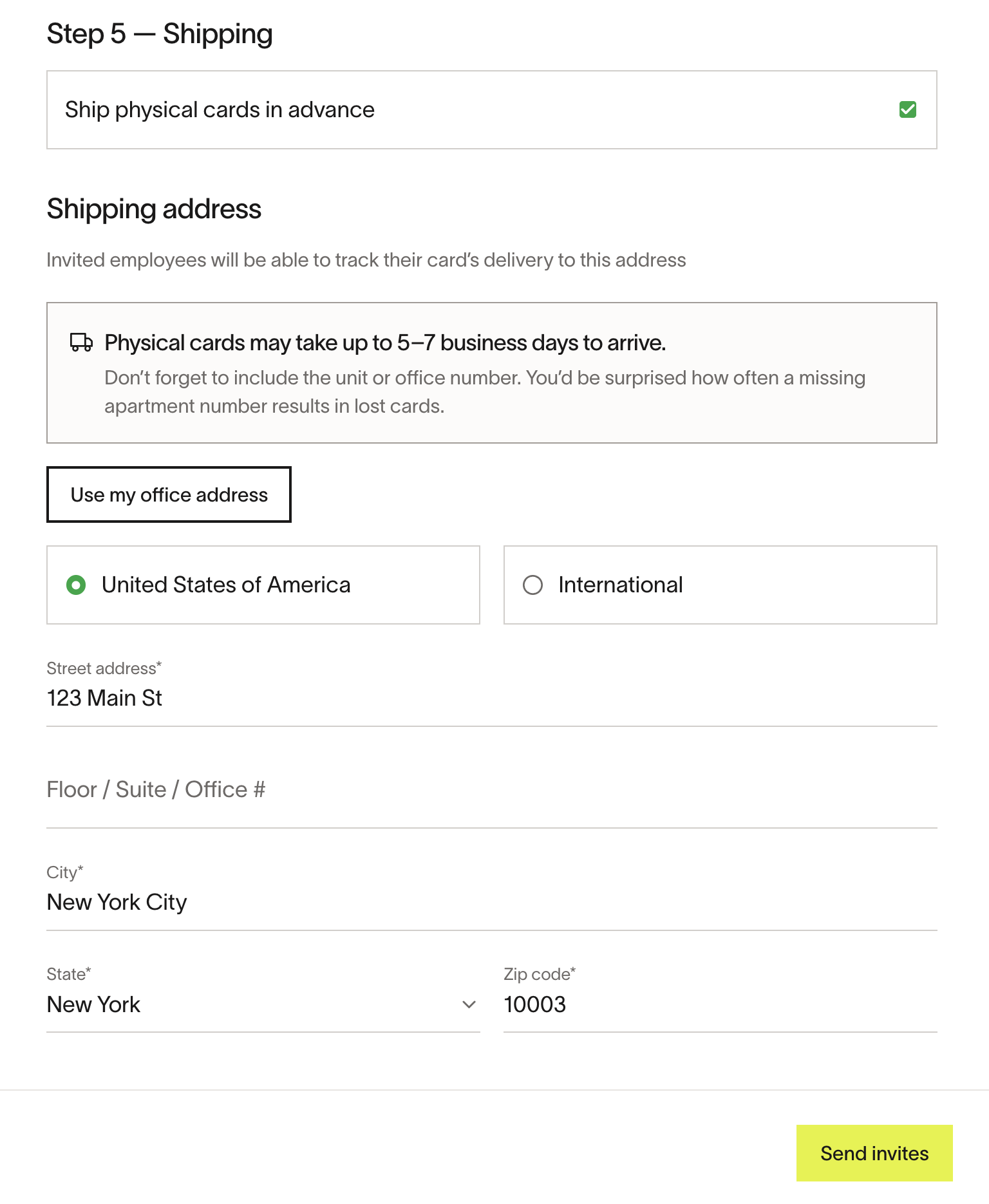 Shipping step for physical cards with address form and Send invites button