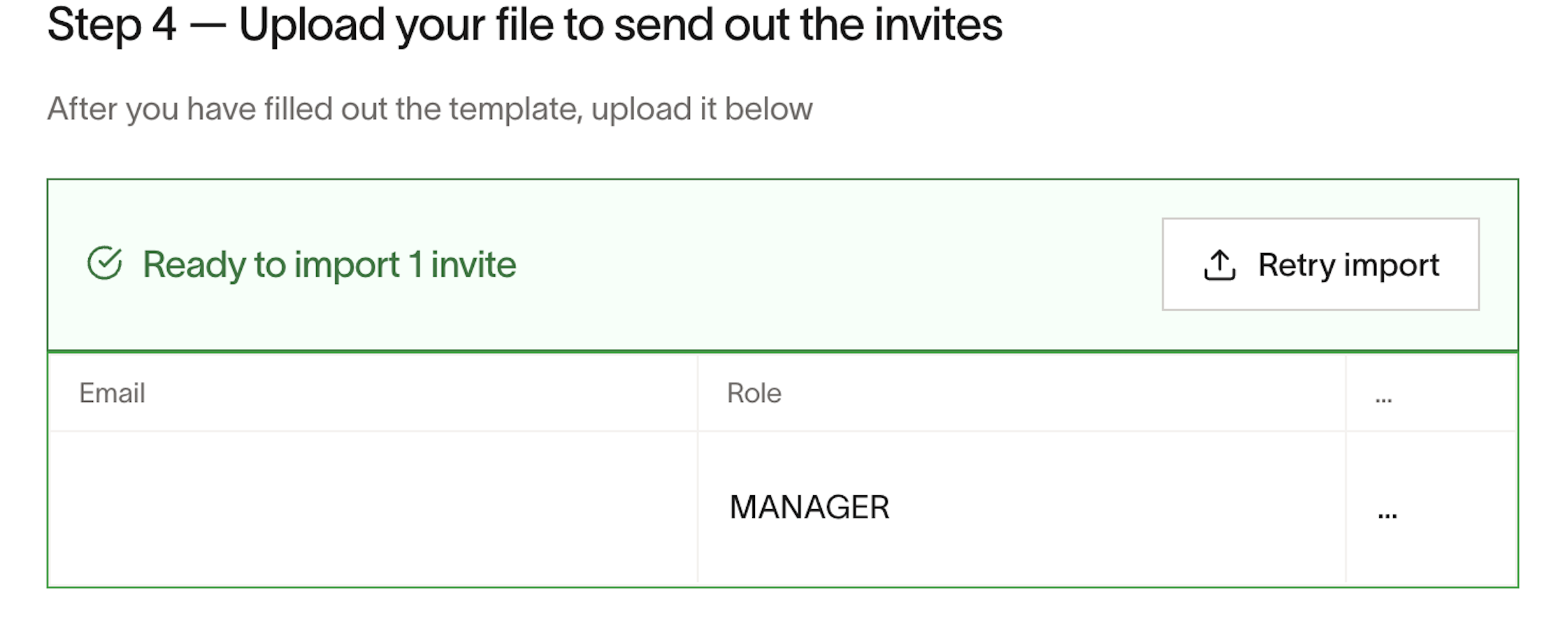 CSV upload step showing Ready to import 1 invite with email and role columns