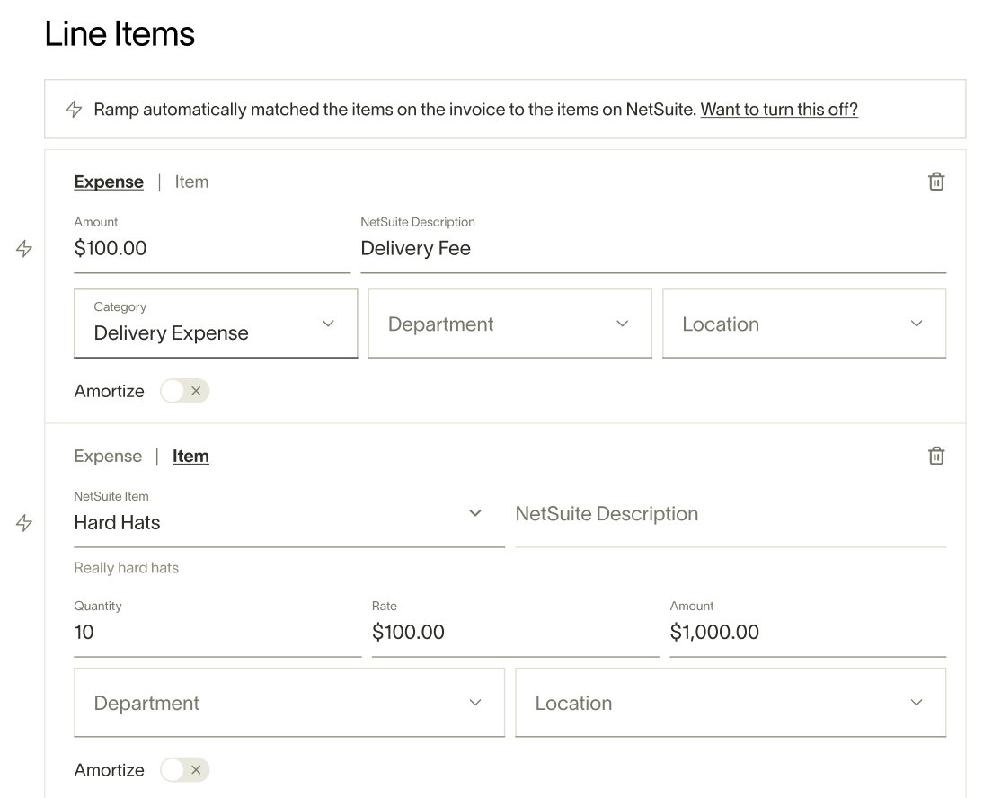 Bill line items showing an Expense line with GL category and an Item line with quantity and rate