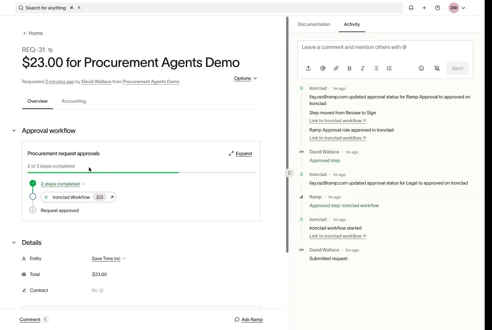 Ramp procurement request activity showing the Ironclad workflow reaching Sign after Ramp Approval