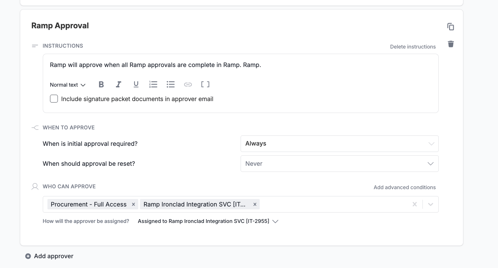Example Ramp Approval configuration in Ironclad with organization-specific assignees
