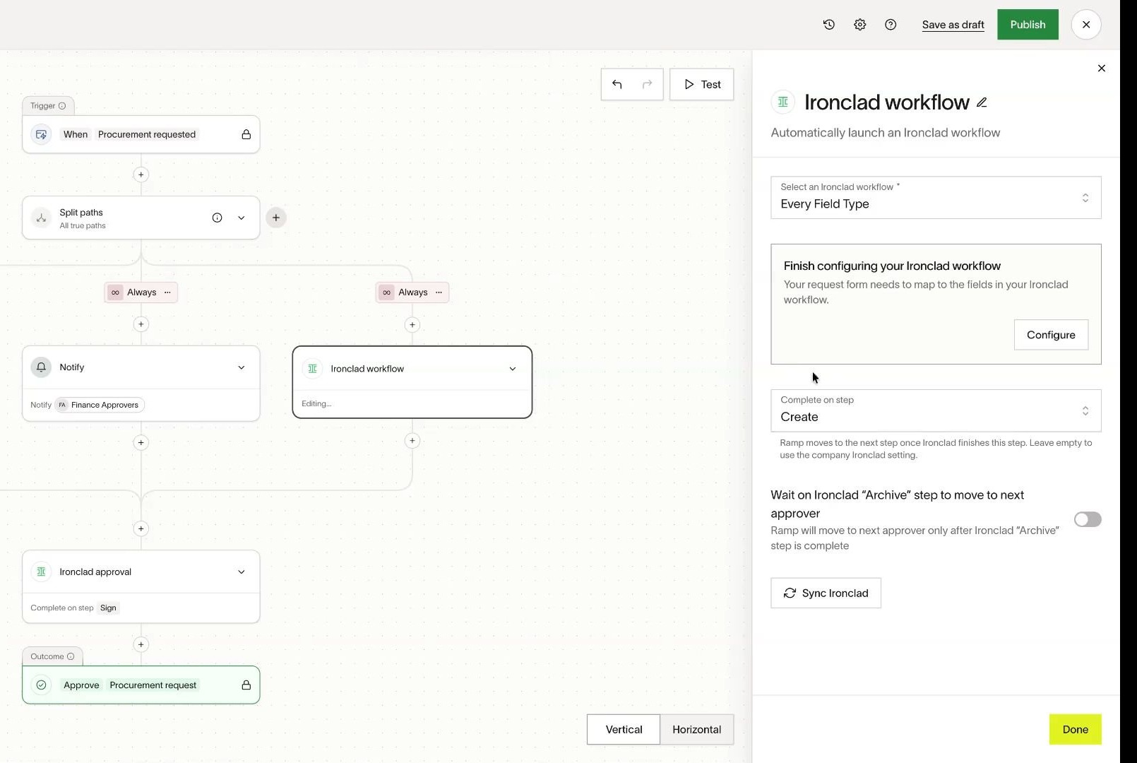 Ramp Ironclad workflow step configured to complete on Create