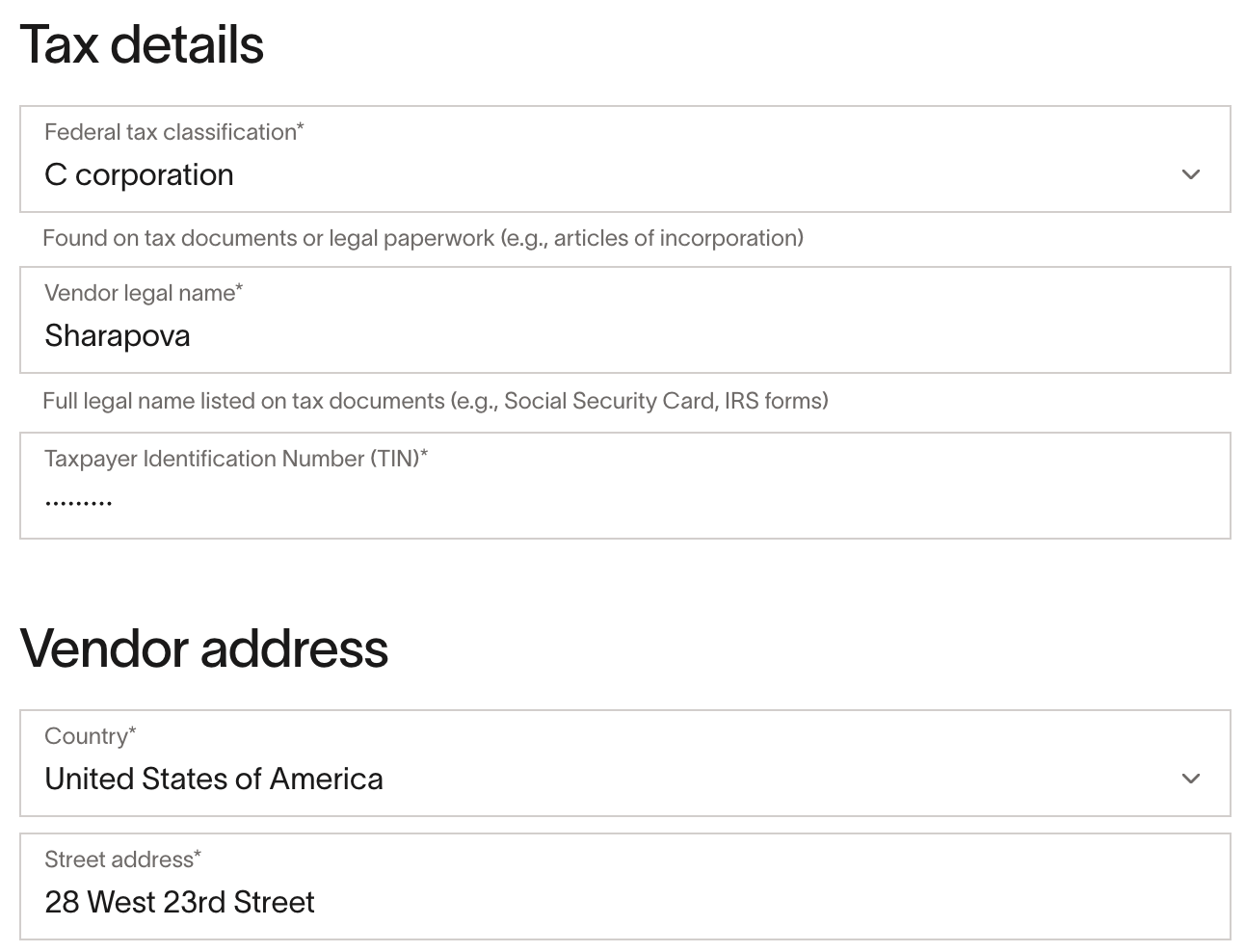 Tax details form with federal tax classification, vendor legal name, TIN, and address fields