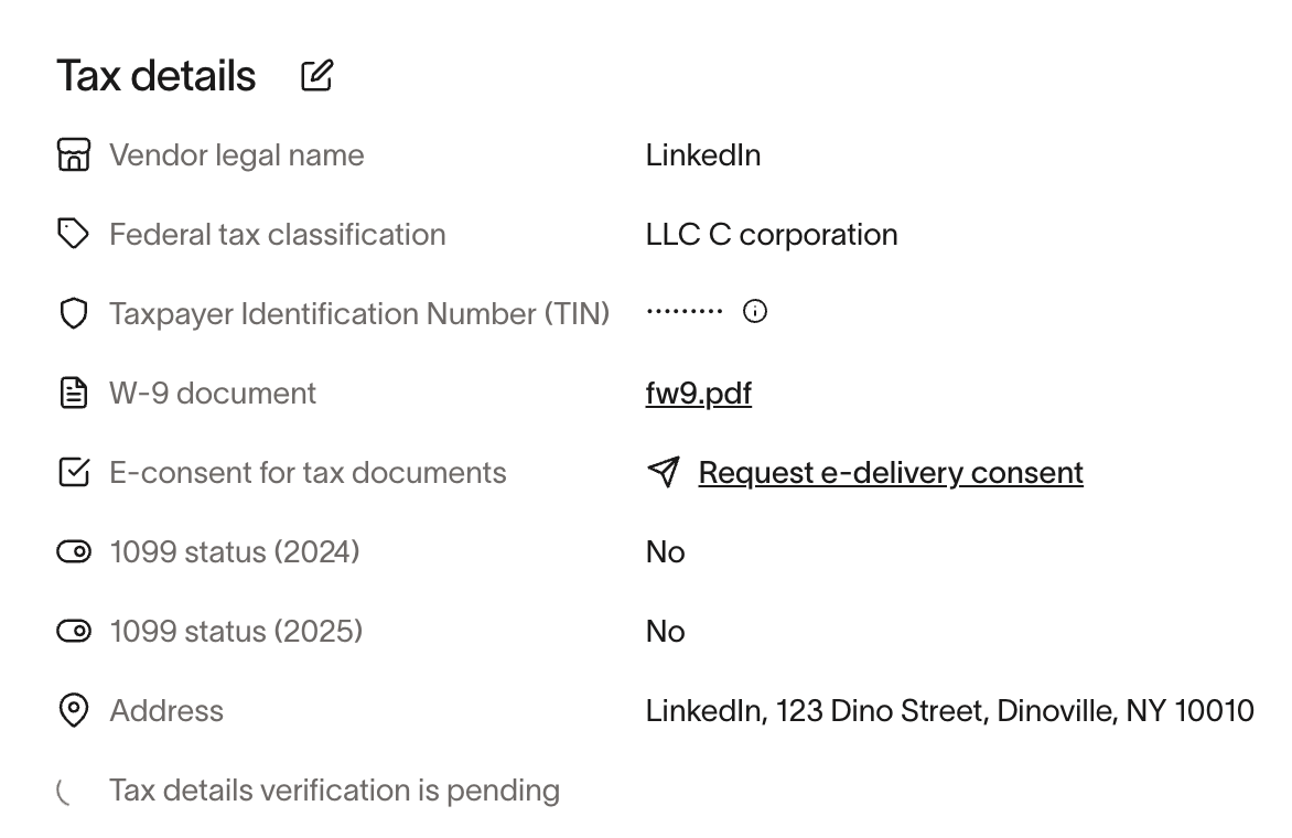 Vendor tax details section showing legal name, TIN, W-9 document, and 1099 status