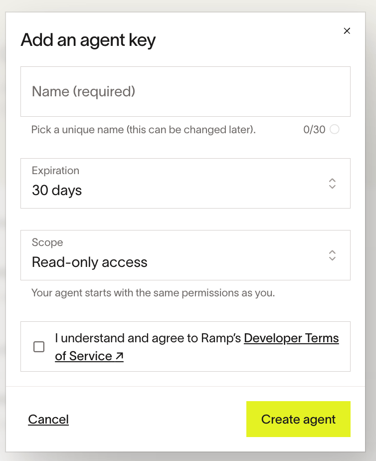 Add an agent key dialog with Name, Expiration, and Scope fields and a Developer Terms of Service checkbox
