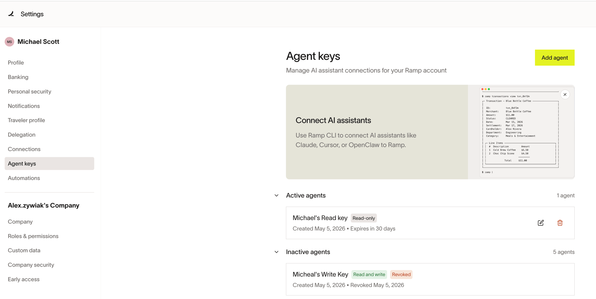 Settings Agent keys page showing the Connect AI assistants banner, an Active agents section with one key listed, and an Inactive agents section