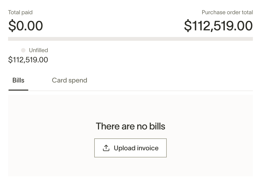 Purchase order overview showing total paid, Bills and Card spend tabs