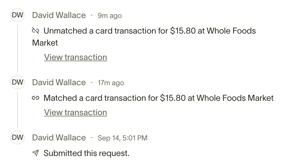 PO Activity log showing matched and unmatched card transaction events