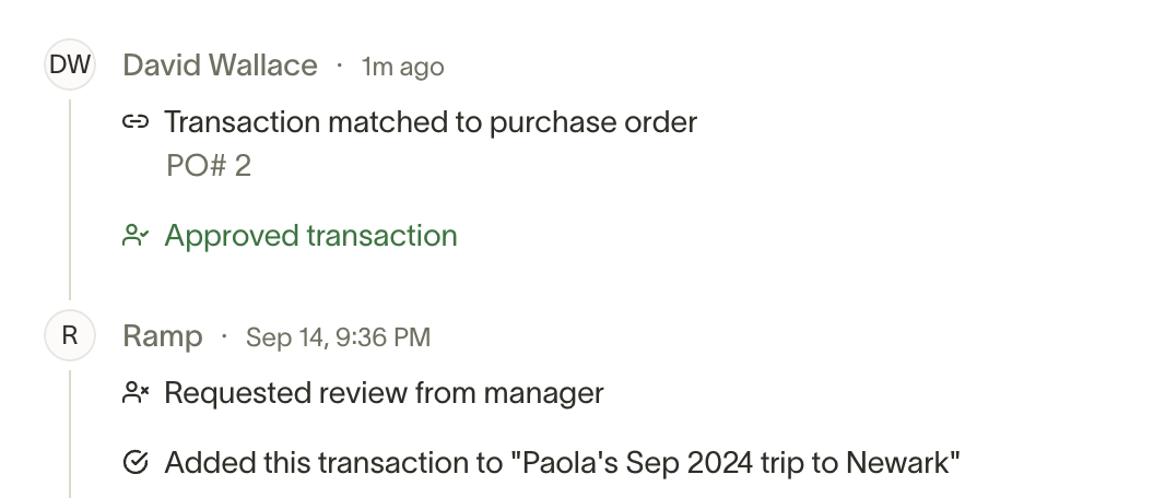 Transaction Activity tab showing match to purchase order event