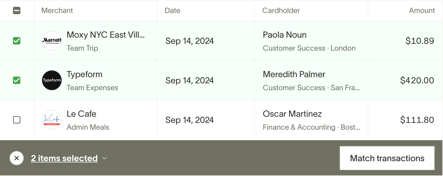 Transaction list with two selected transactions and Match transactions button