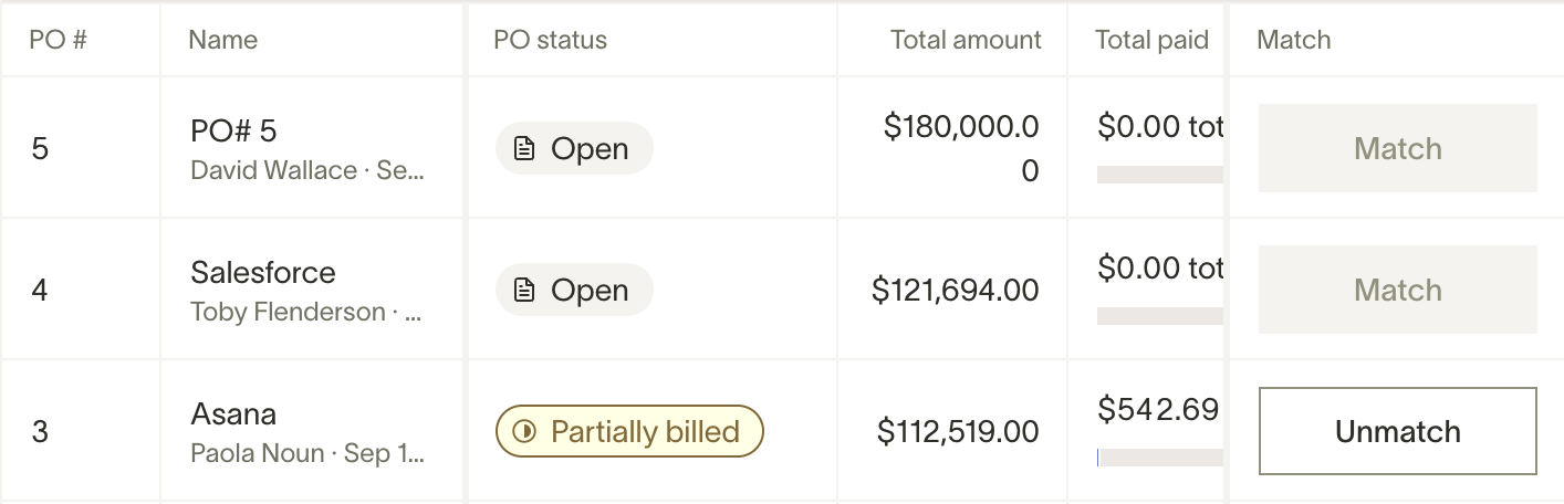 Match to purchase order view in transaction Accounting section showing available POs