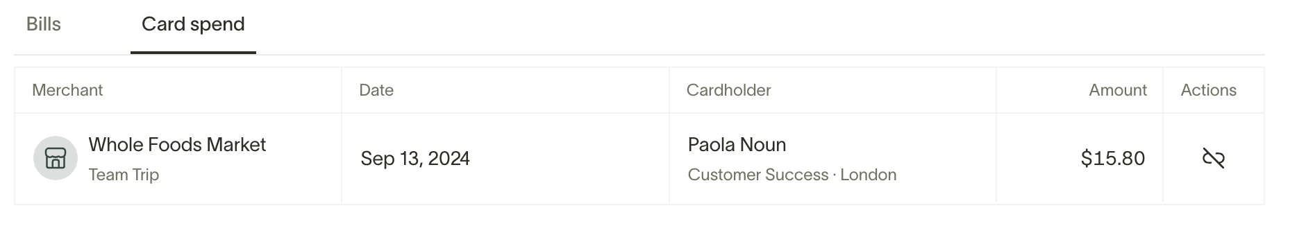 Card spend table on PO with a matched transaction and unmatch action icon