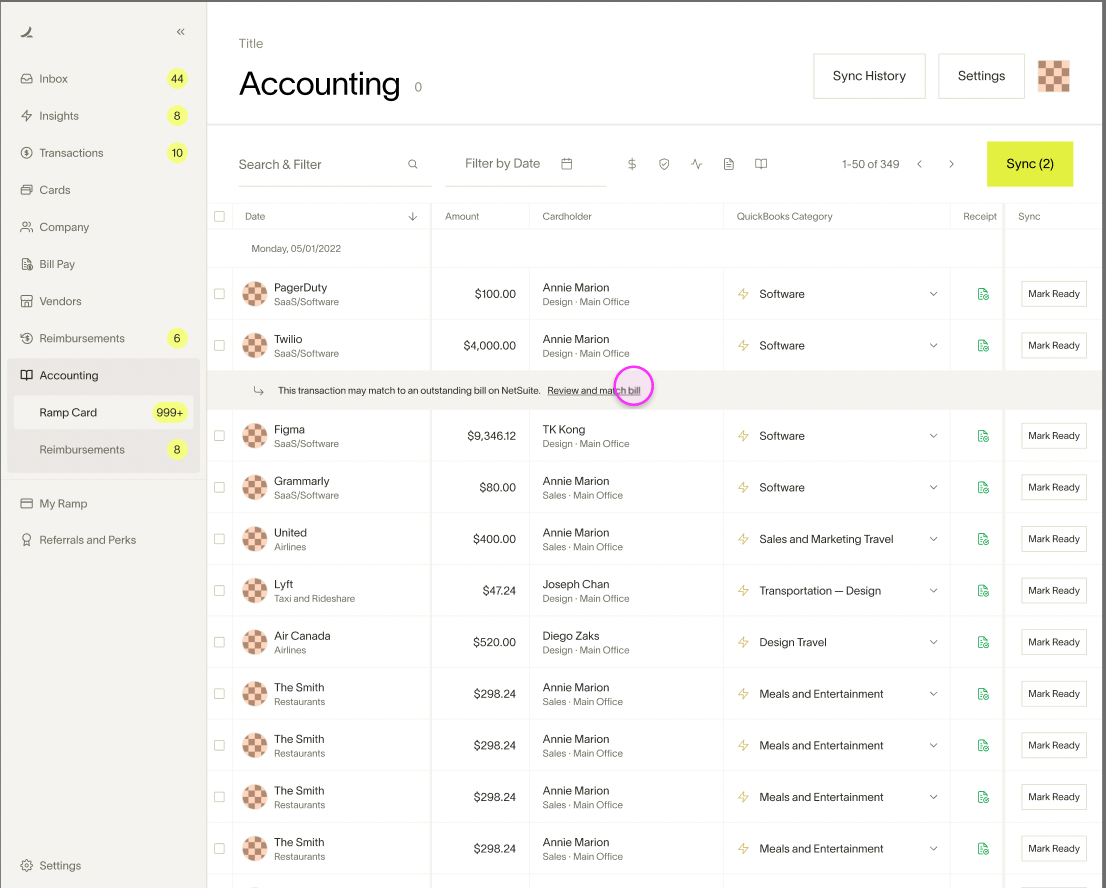 Accounting tab showing a transaction matched to an outstanding bill