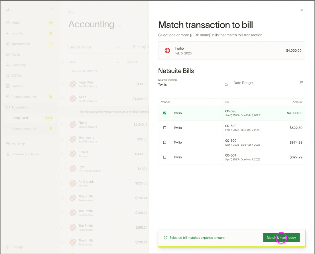 Option to match the transaction to bills from your accounting provider