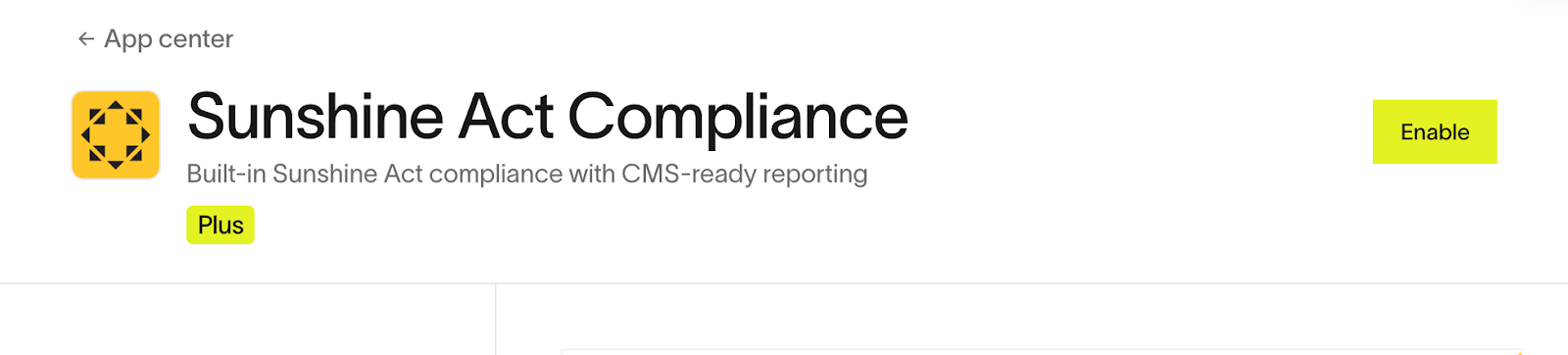 Sunshine Act Compliance integration page with Enable button