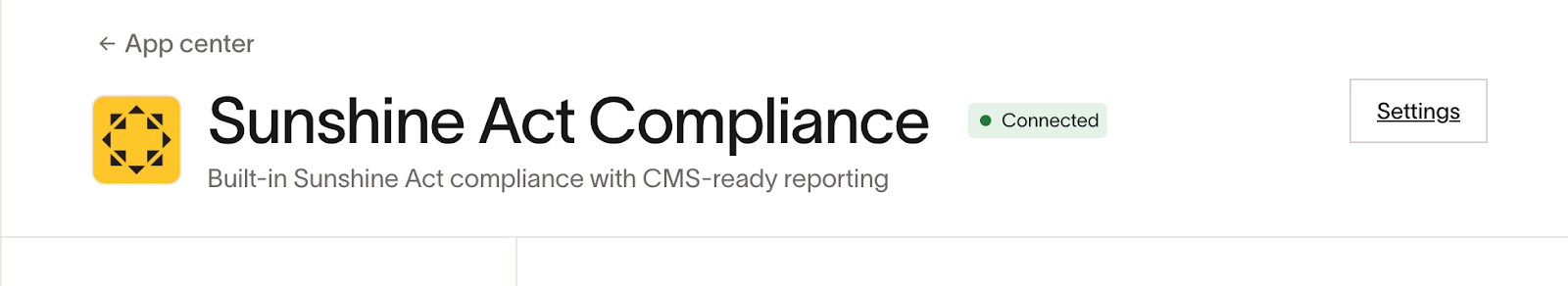 Sunshine Act Compliance page showing Connected status with Settings button