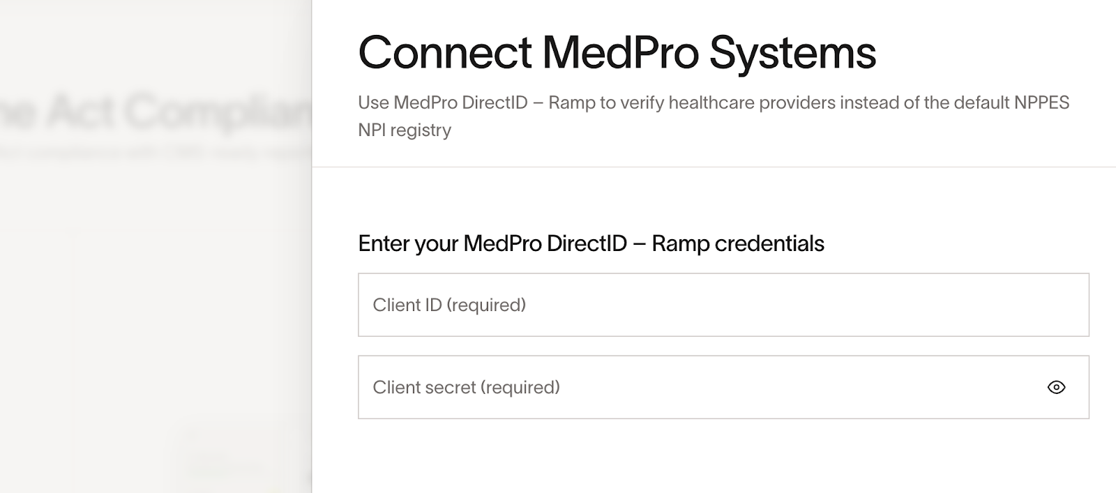 Connect MedPro Systems form with Client ID and Client secret fields