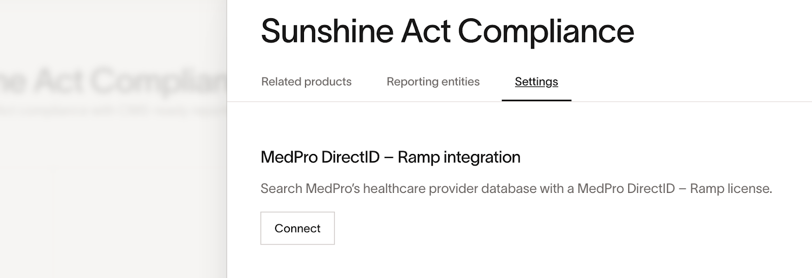 Settings tab showing MedPro DirectID integration with Connect button