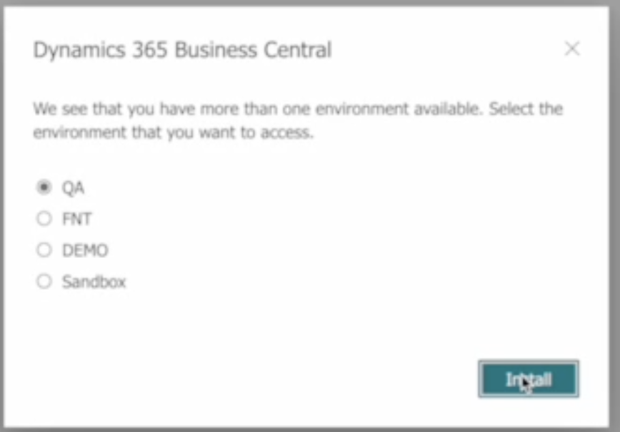 Environment selection screen for Dynamics 365 Business Central, featuring options to choose between QA, FNT, DEMO, and San...