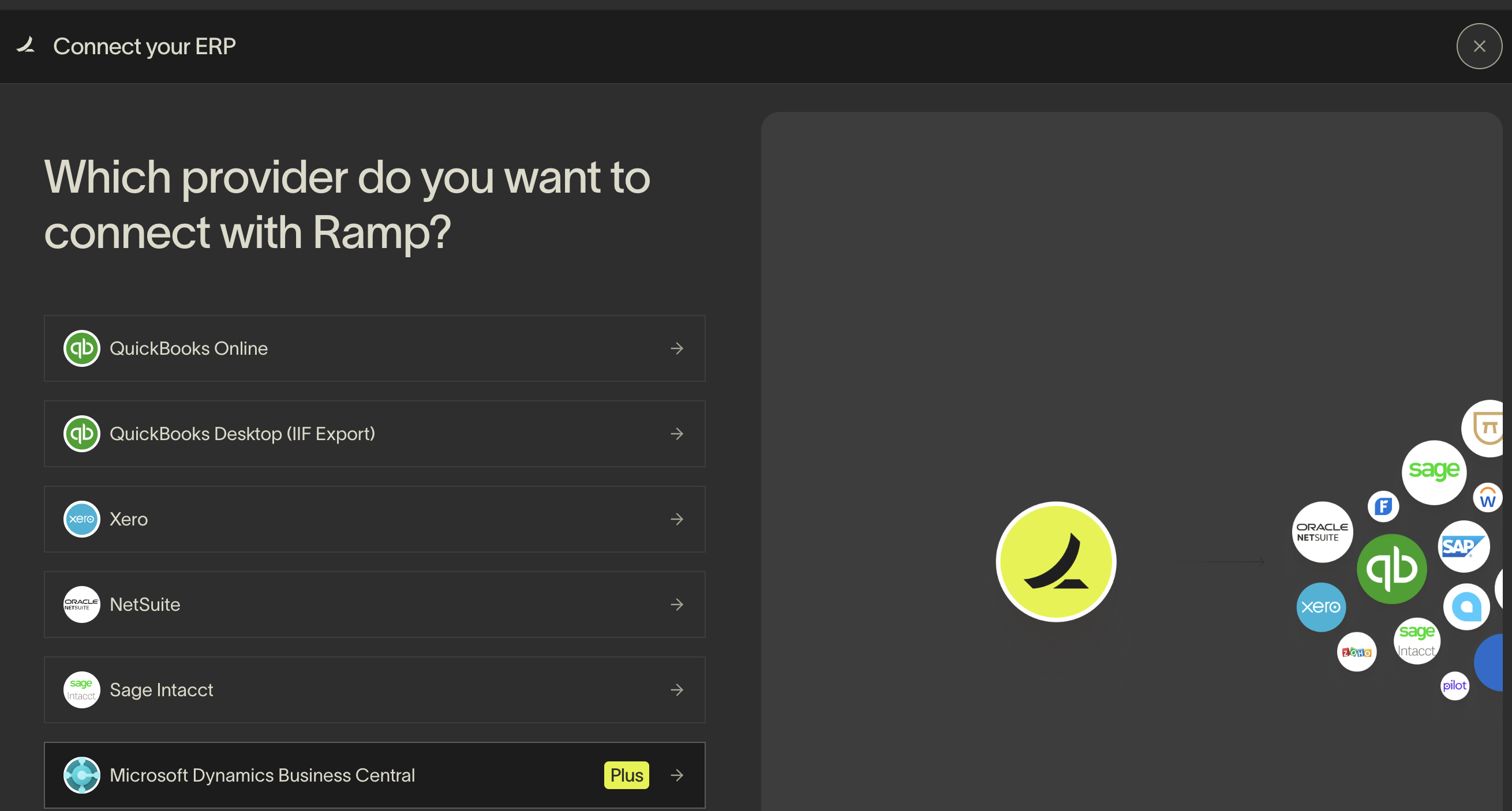 Select your ERP provider to connect with Ramp, featuring Microsoft Dynamics Business Central option highlighted.