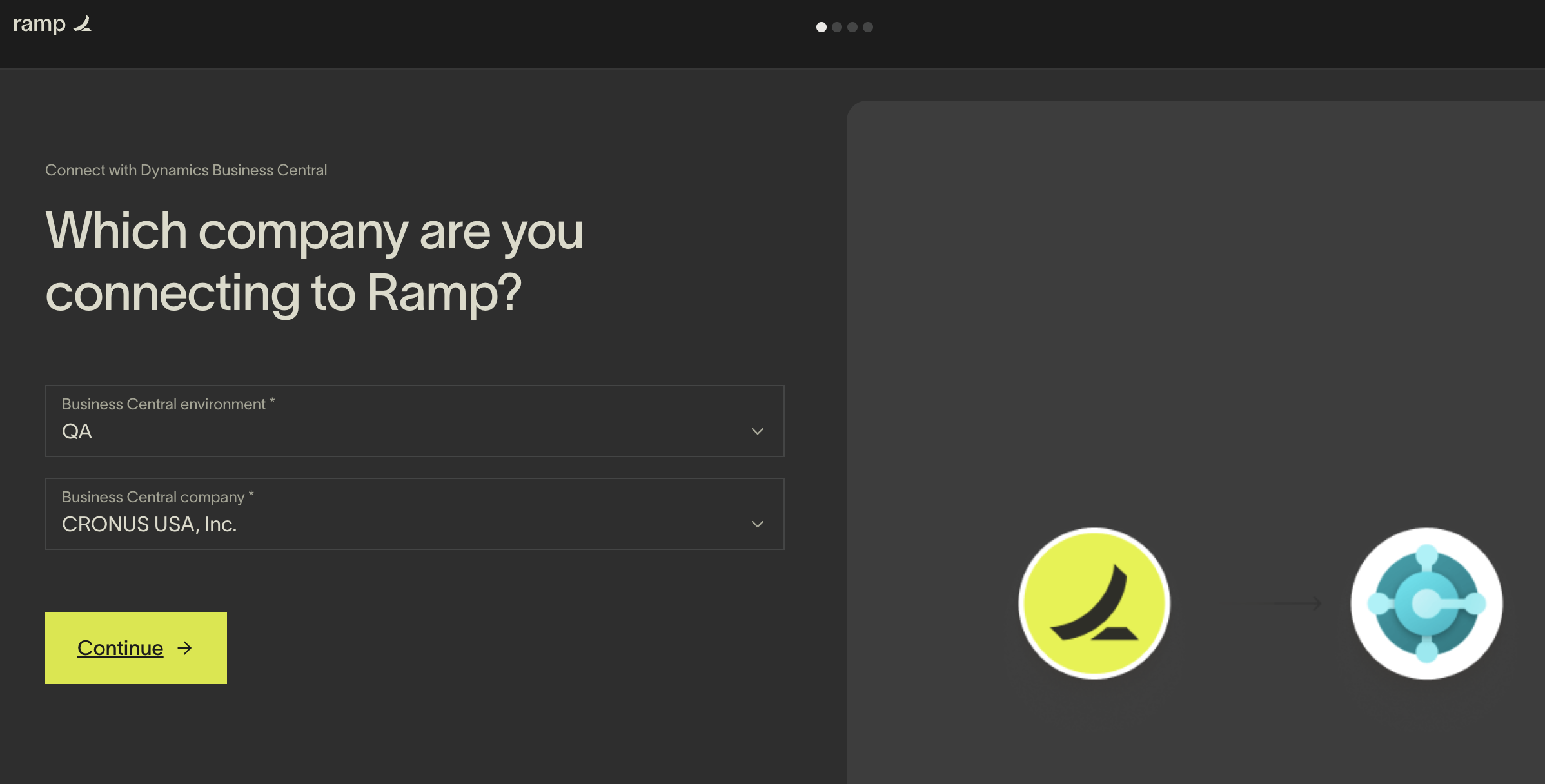 Company connection page for Ramp; user selects the Business Central environment and company to connect.