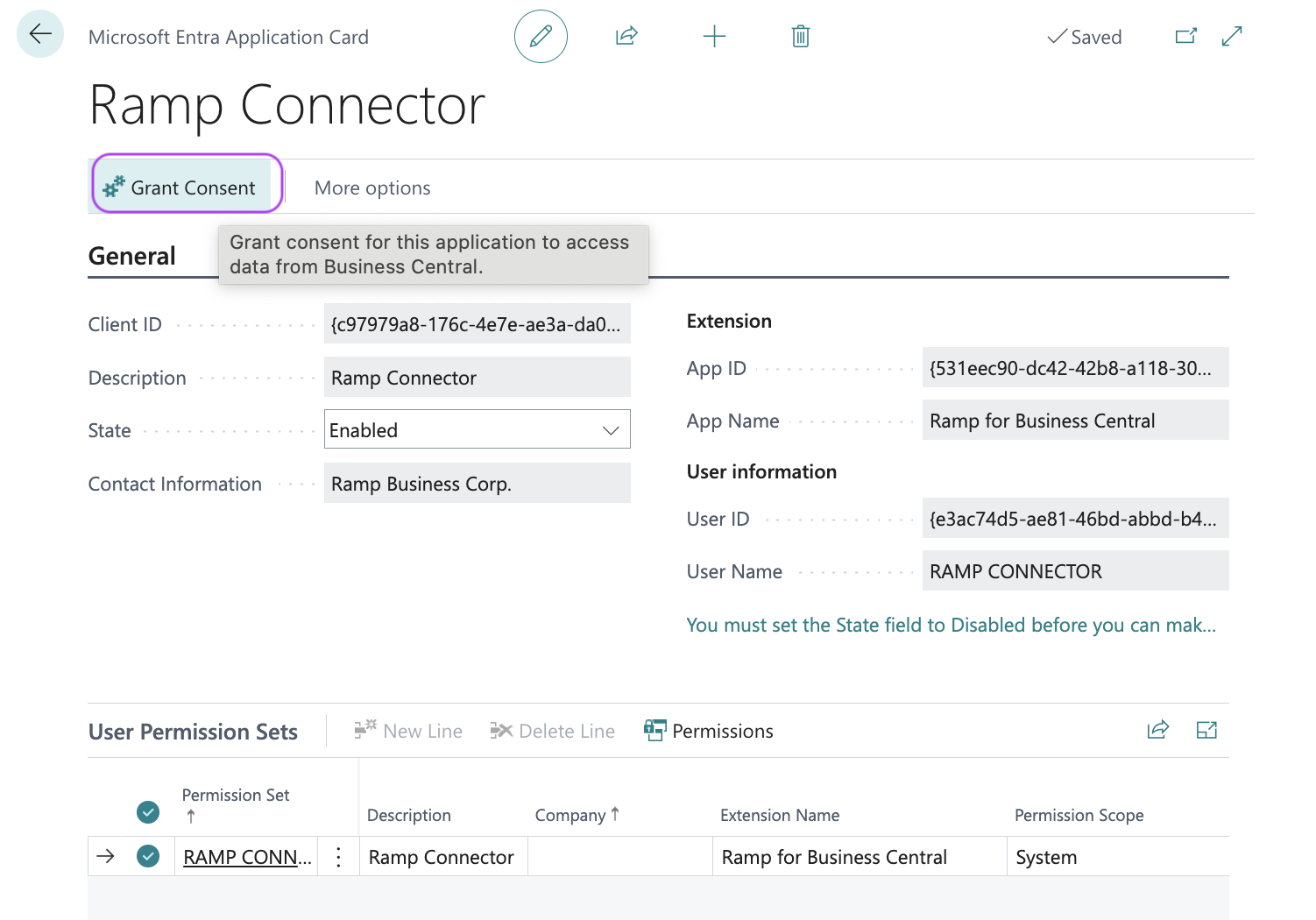 Ramp Connector details in Microsoft Entra, with the