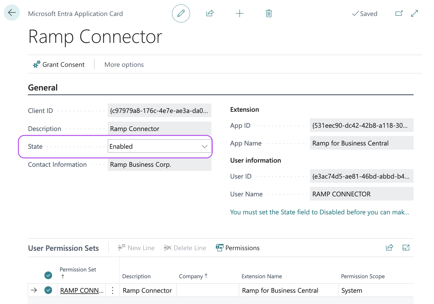 Ramp Connector application settings showing 'Enabled' state under the General section.