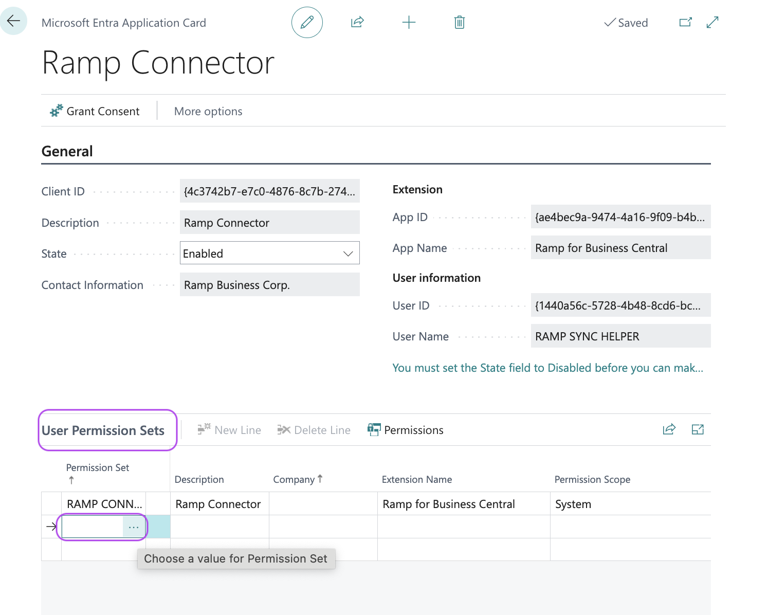 User Permission Sets section of Ramp Connector settings, showing permissions for