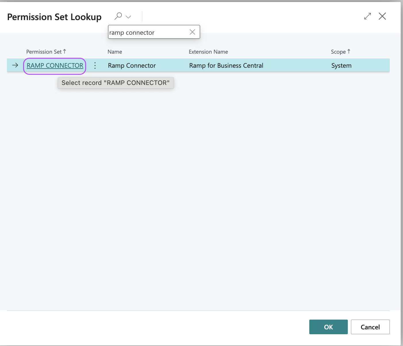Permission Set Lookup page displaying