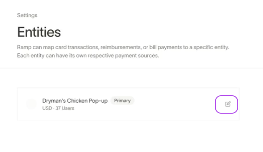 Entities section showing a mapped Ramp entity with an option to edit and detailing payment information.