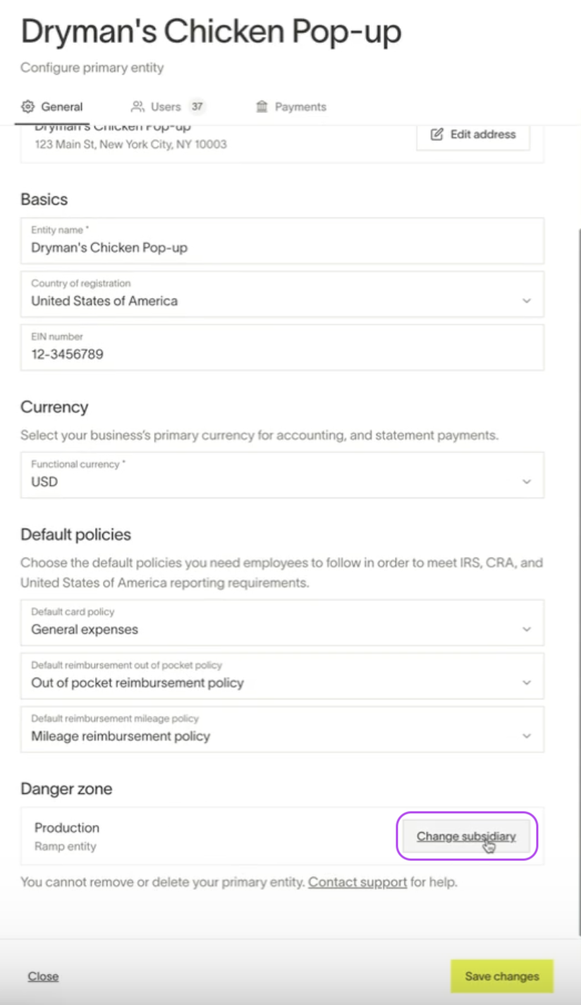 Configuration page for Dryman's Chicken Pop-up entity, showing basic info, currency settings, and default policies sections.