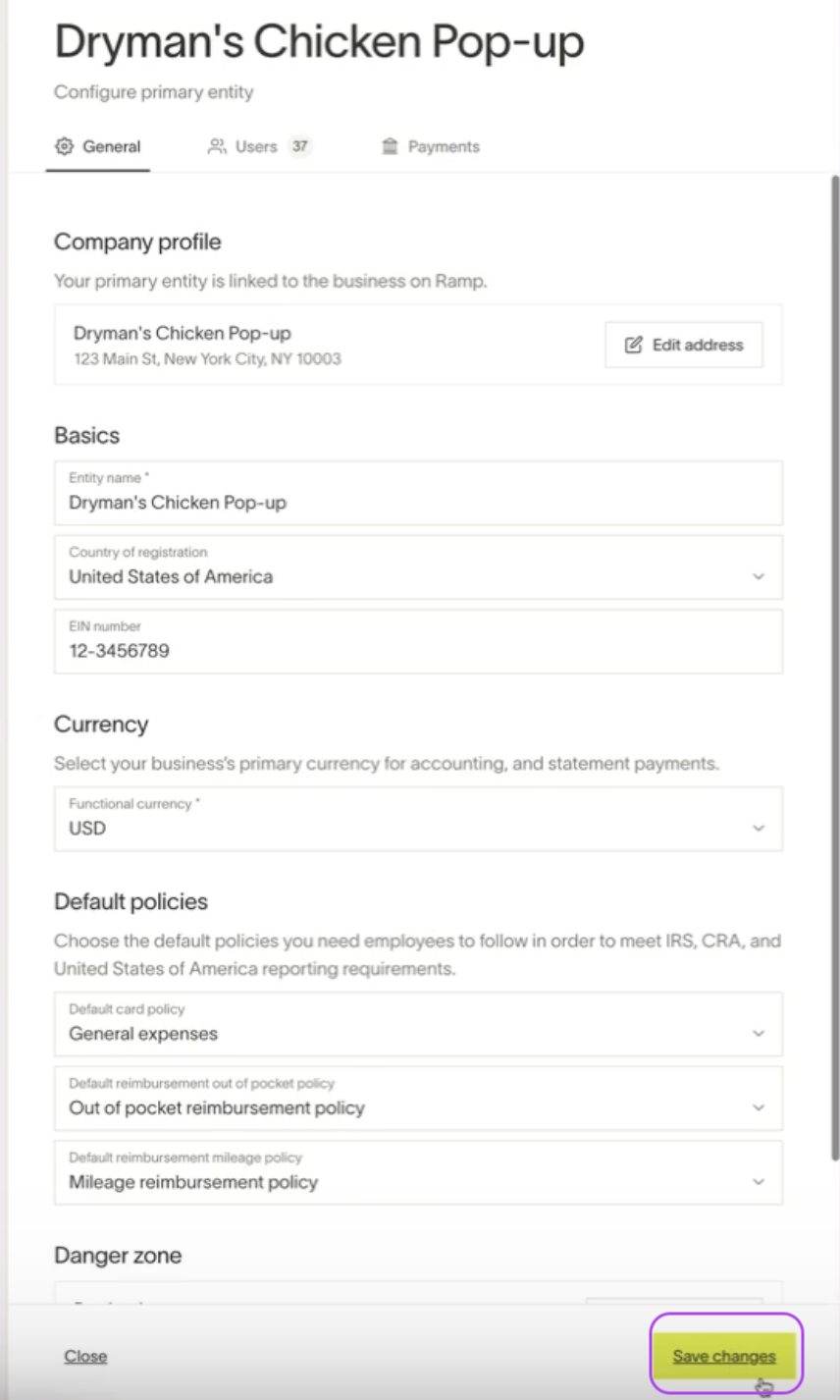 Configuration page for Dryman's Chicken Pop-up, displaying company info, currency, default policies, and a Save changes bu...