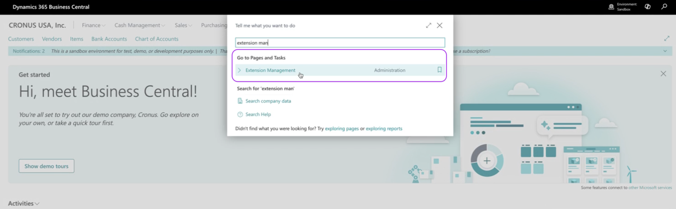 Search bar with Extension Management selected
