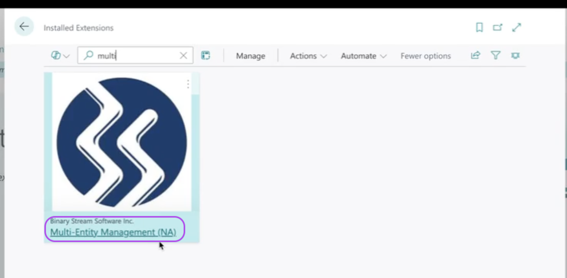 Search results showing Multi-Entity Management (NA) extension in Installed Extensions section.