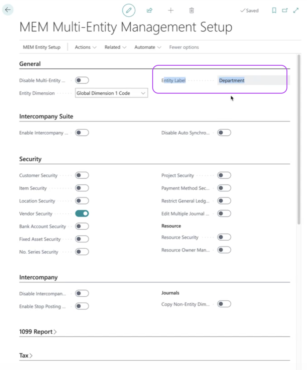 MEM Multi-Entity Management Setup page with options for General, Intercompany Suite, Security, and Intercompany settings d...