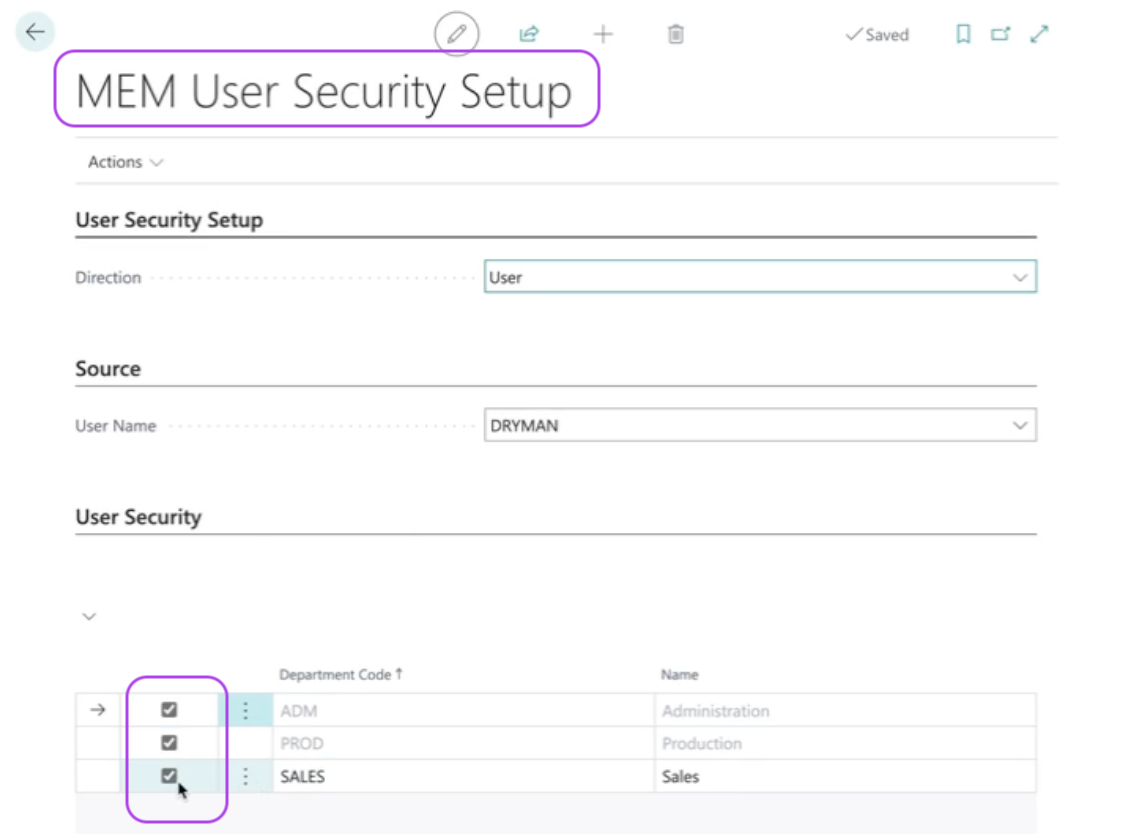 User Security Setup page showing user details and department access permissions.