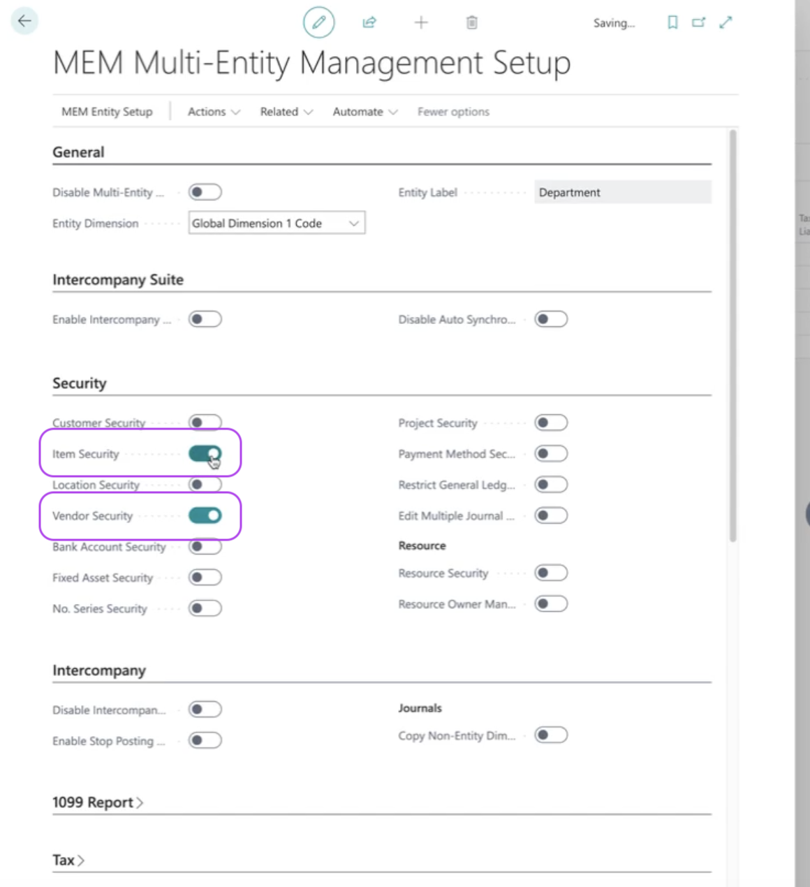 MEM Multi-Entity Management Setup page showing security settings for Item and Vendor with toggles enabled.