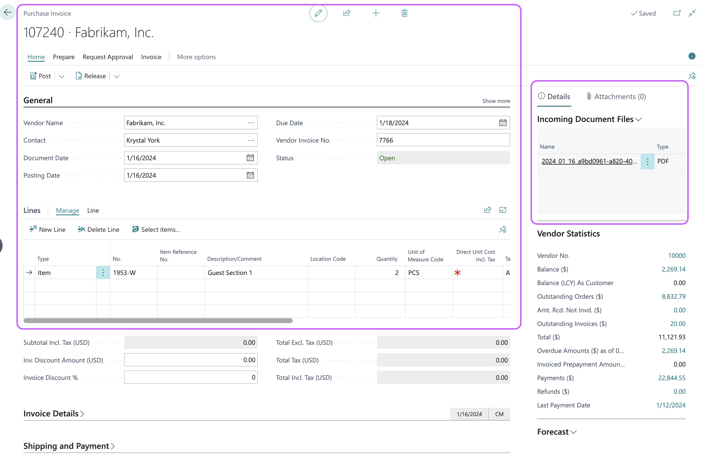 Purchase invoice for Fabrikam, Inc. showing vendor details, line items, and incoming document files section.