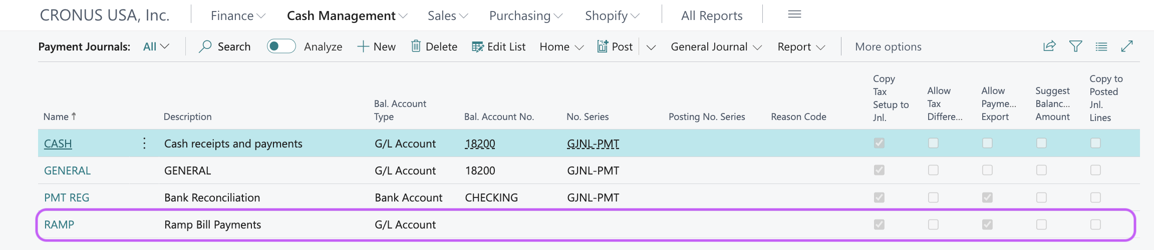 Cash Management page displaying the Ramp Bill Payments section with unposted vendor payment listed.