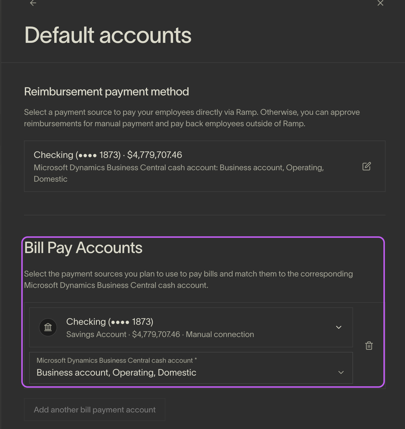Default accounts section showing reimbursement payment method and Bill Pay accounts with options to select payment sources.
