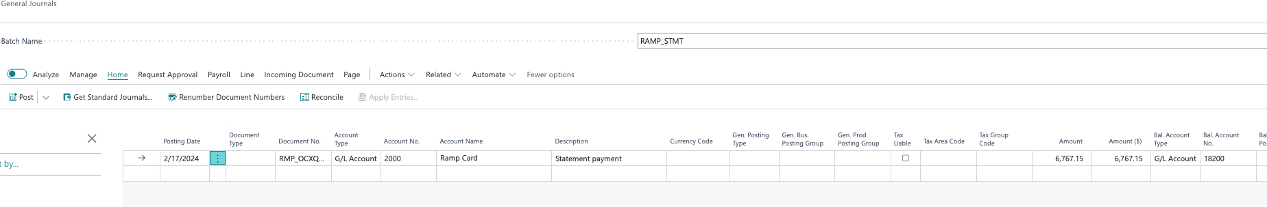 Vendor payment details in the NTS section, showing unposted payment for a Statement payment.