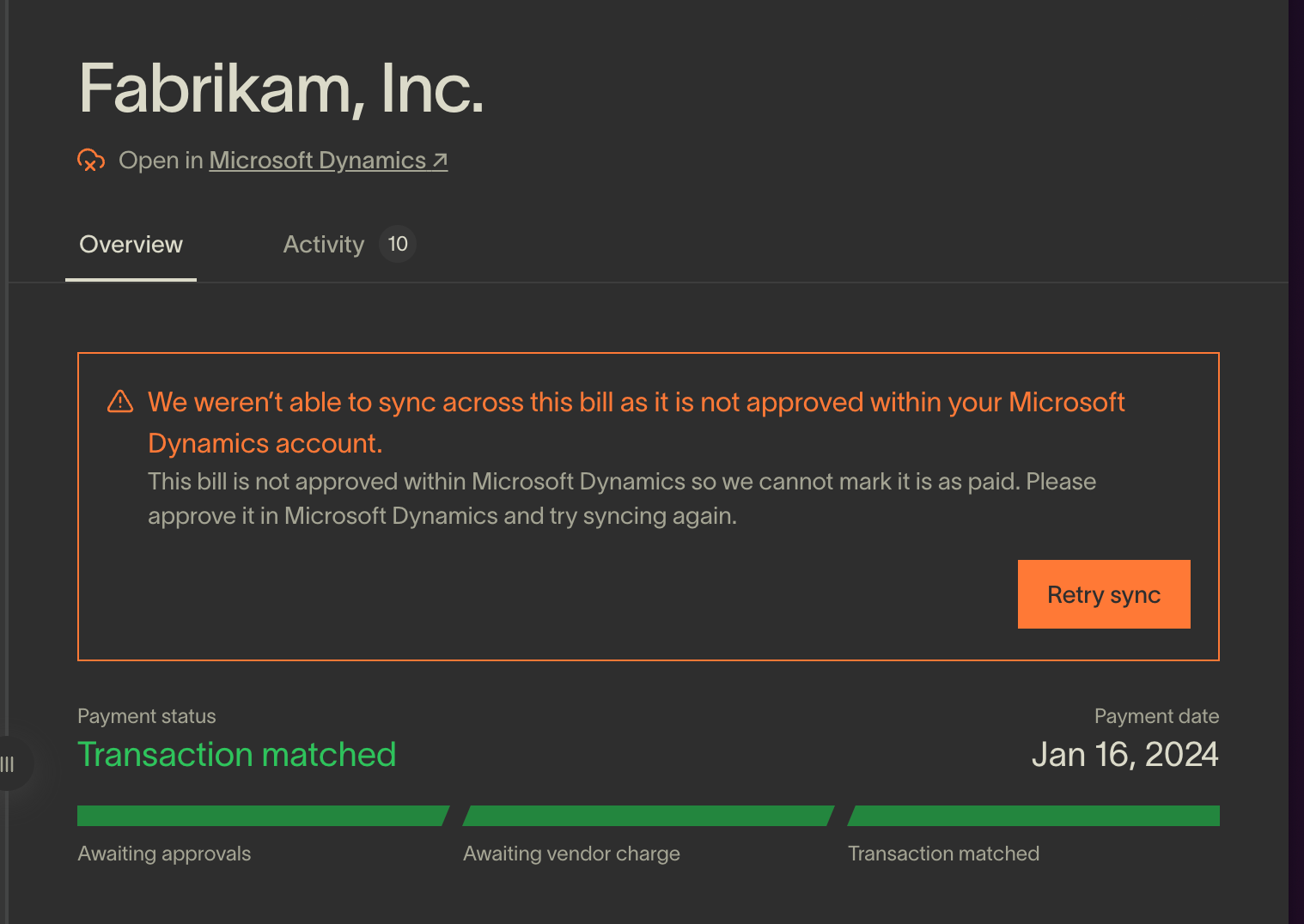 Overview page showing an error message about sync failure due to lack of approval in Microsoft Dynamics.