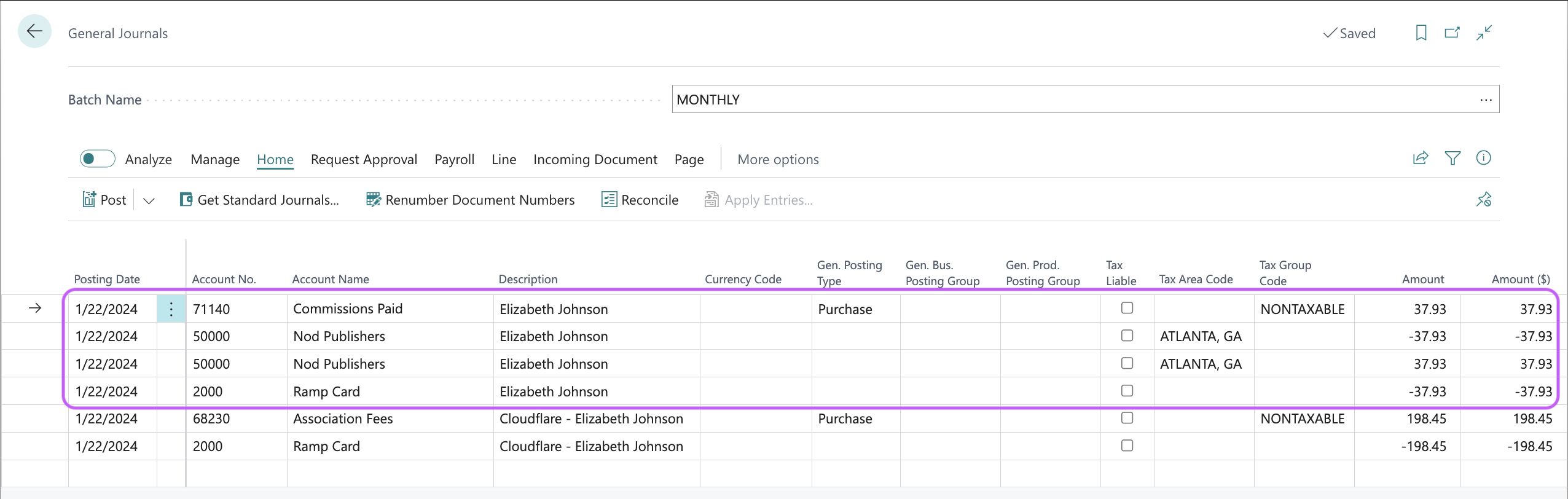 General Journals page showing batch details, posting lines, and associated accounts for transactions.