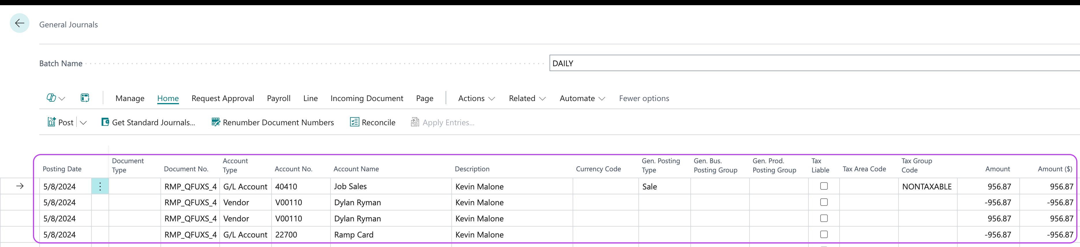 General Journals page showing journal lines for a credit card transaction with debit and credit entries.