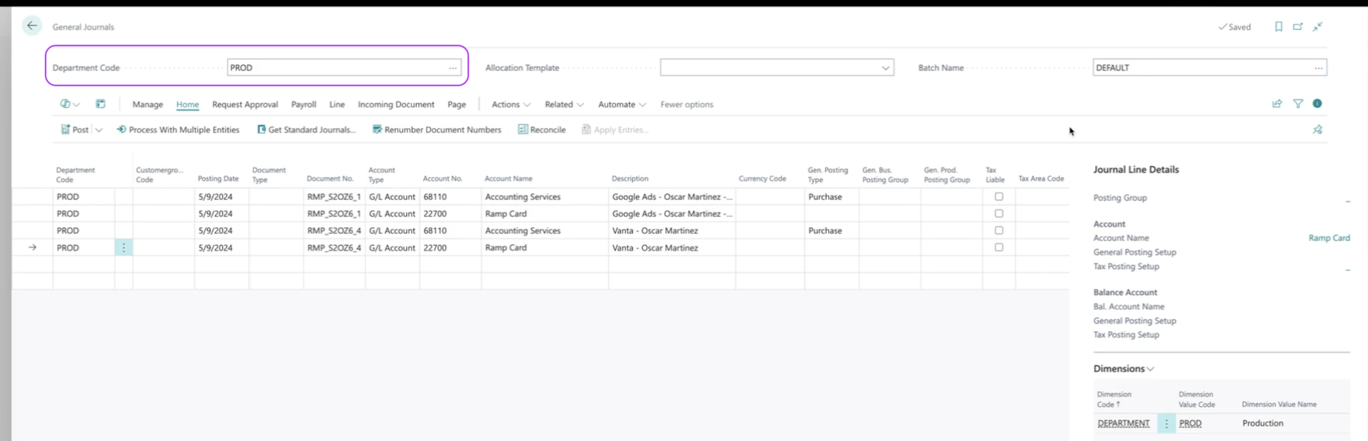 General Journals page with journal lines for credit card transactions, displaying debit and credit entries.