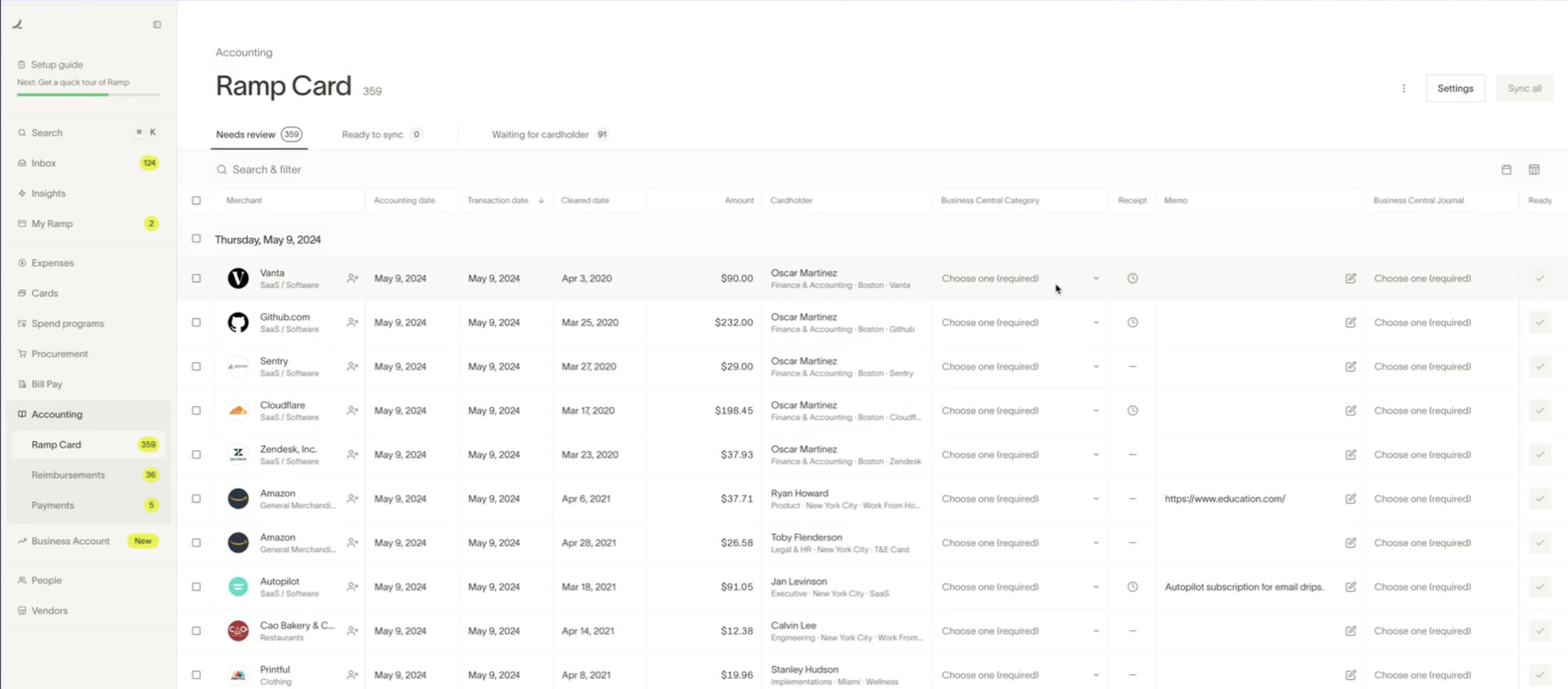 Ramp Card page displaying a list of transactions with filtering options and status indicators.